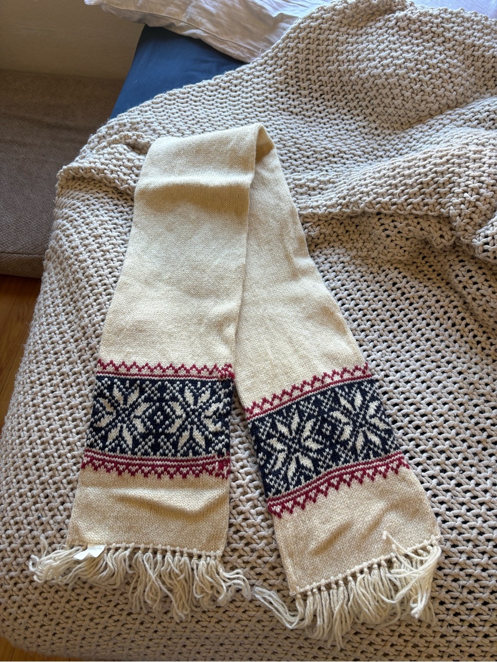 Free People Cream Knit Scarf with Navy and Red Fair Isle Panels